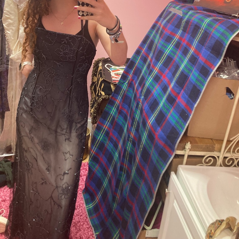VINTAGE black beaded flower evening gown/prom dress